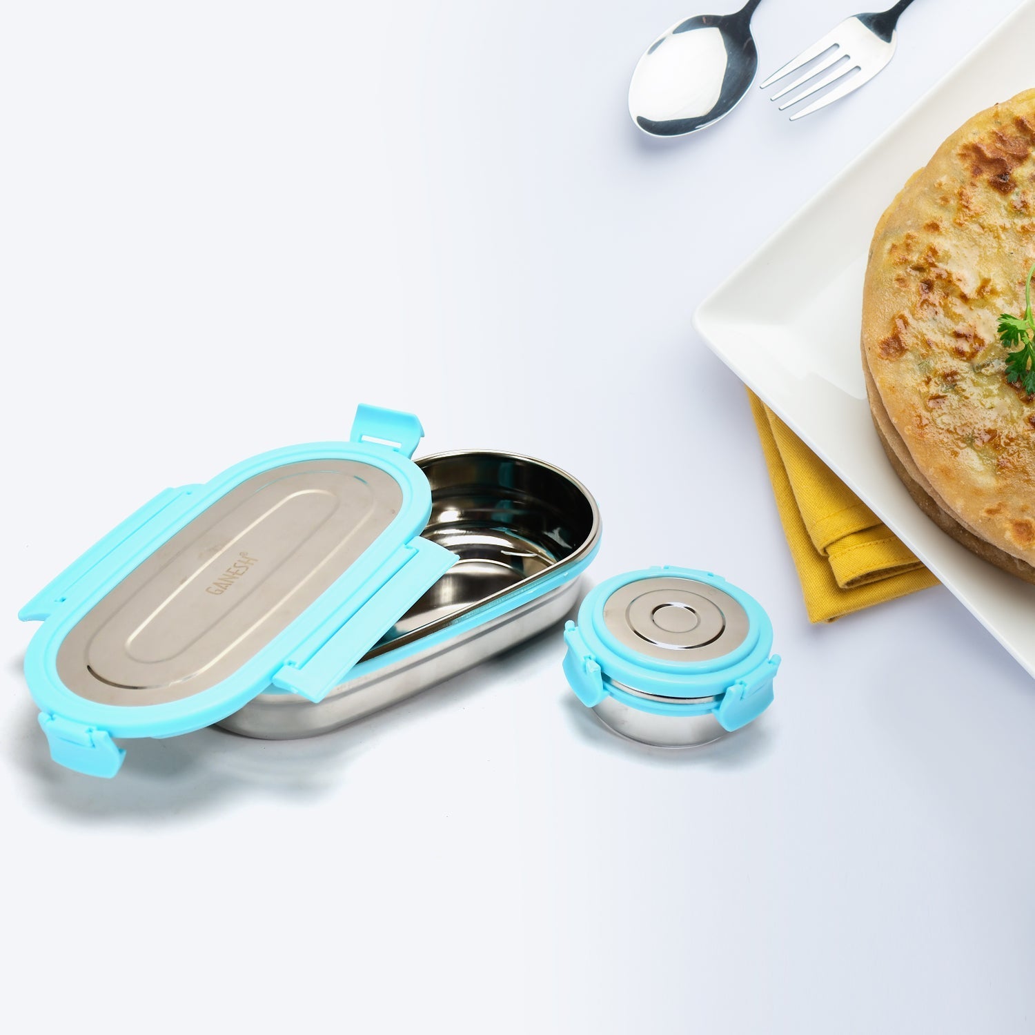 Steel lunch box and container set Steel lunch box and container set
